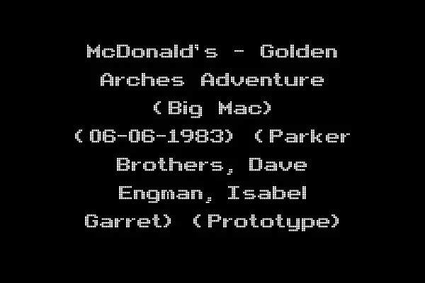 McDonald's - Golden Arches Adventure (Big Mac) (06-06-1983) (Parker Brothers, Dave Engman, Isabel Garret) (Prototype)